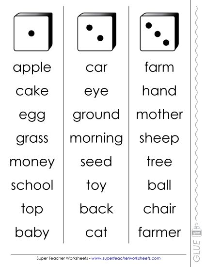 Nouns - Dolch Dice Fluency Game: Nouns #1 (Printable PDF Worksheet)