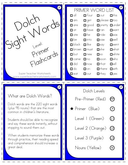 Primer - Dolch Flashcards - Primer (Printable PDF Worksheet)