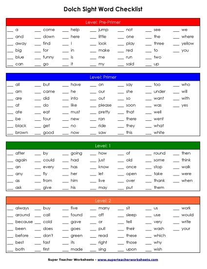 Checklist - Dolch Sight Words - Checklist (Printable PDF Worksheet)