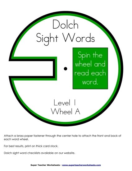 Level 1 - Dolch Word Wheels: Level 1 (Printable PDF Worksheet)