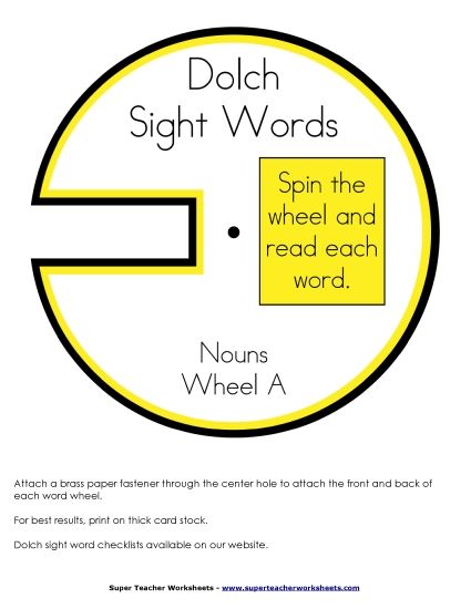 Nouns - Dolch Word Wheels - Nouns (Printable PDF Worksheet)