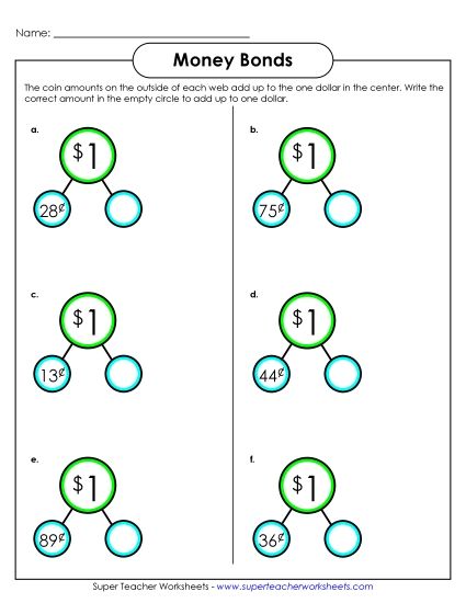 Subtracting Money Worksheets - Dollar Money Bonds #2 (Subtraction) (Printable PDF Worksheet)