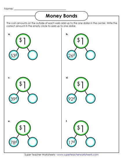 Money Bond Worksheets - Dollar Money Bonds A (Subtraction) (Printable PDF Worksheet)