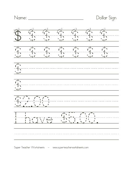 Symbols - Dollar Sign $ (Printable PDF Worksheet)