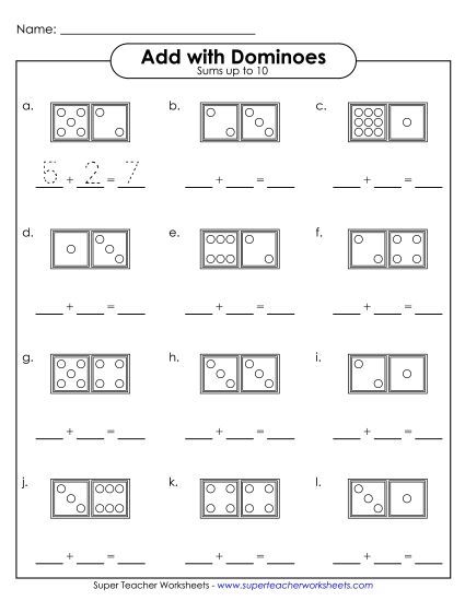 Addition Worksheets, Games, & Puzzles - Domino Addition (Fill In - Sums to 10) (Printable PDF Worksheet)