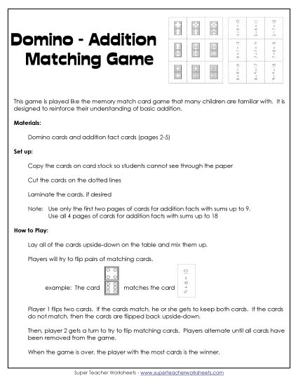 Addition Worksheets & Games - Domino - Addition Matching Game (Printable PDF Worksheet)