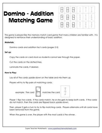 Addition Worksheets, Games, & Puzzles - Domino - Addition Sum Matching Game (Printable PDF Worksheet)