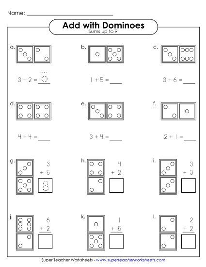 Addition Worksheets, Games, & Puzzles - Domino Addition (Sums to 9) (Printable PDF Worksheet)