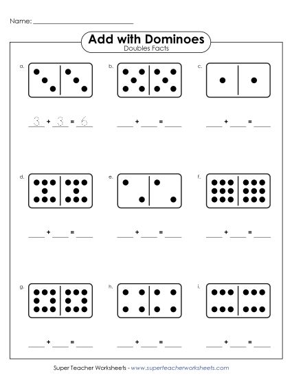 Graphical Concept Worksheets: Addition Doubles Facts - Dominoes - Doubles Facts (Printable PDF Worksheet)