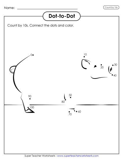 Skip Count By 10s - Dot-to-Dot:  Counting by 10s to 100 (Printable PDF Worksheet)
