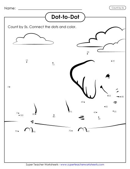Skip Counting by 5s - Dot-to-Dot: Elephant Multiplication (Printable PDF Worksheet)