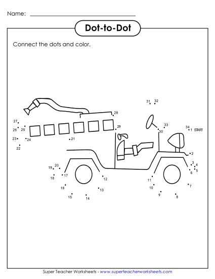Math Worksheets - Dot-to-Dot: Firetruck (Printable PDF Worksheet)