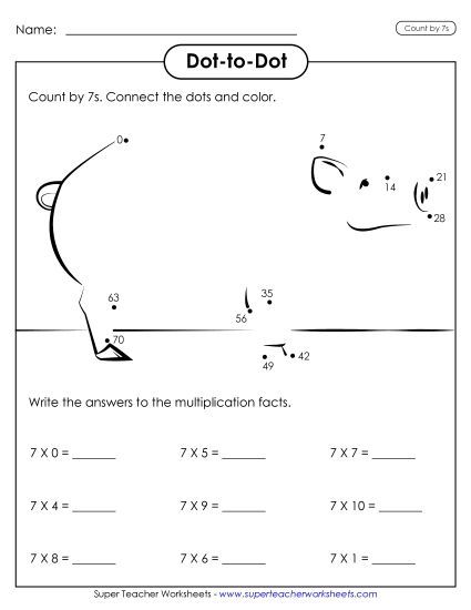 Skip Count by 7s - Dot-to-Dot Multiplication: Pig (Printable PDF Worksheet)