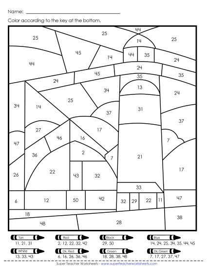 Color by Number - Double Color-by-Number: Farm or Lighthouse  (Numbers to 50) (Printable PDF Worksheet)