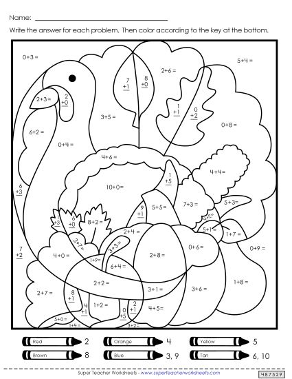 Thanksgiving Addition - Double Mystery Picture (Basic Addition) (Printable PDF Worksheet)