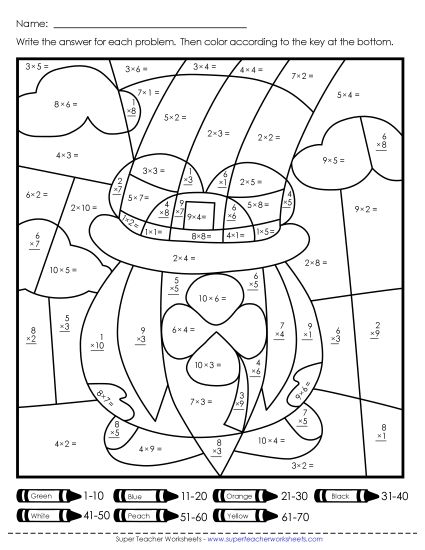 St. Pat's Multiplication - Double Mystery Picture: Basic Multiplication Pot of Gold & Leprechaun (Printable PDF Worksheet)