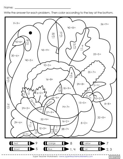 Thanksgiving Division - Double Mystery Picture (Division) (Printable PDF Worksheet)