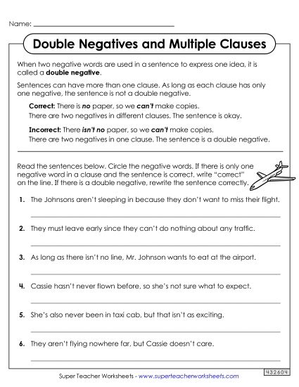 Worksheets - Double Negatives and Multiple Clauses (Printable PDF Worksheet)