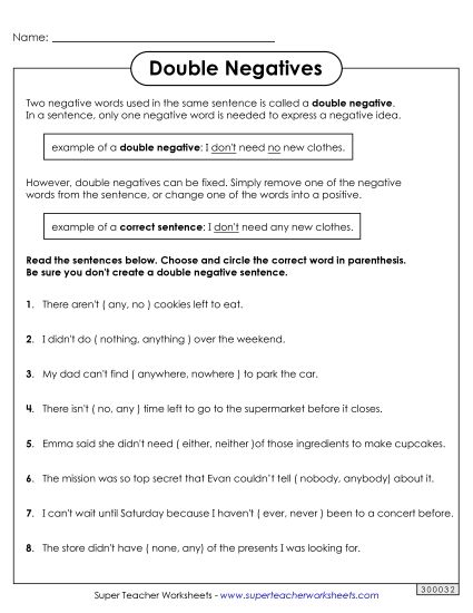 Worksheets - Double Negatives: Circle the Correct Word Worksheet 1 (Printable PDF Worksheet)