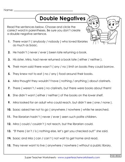Worksheets - Double Negatives: Circle the Correct Word Worksheet 2 (Printable PDF Worksheet)