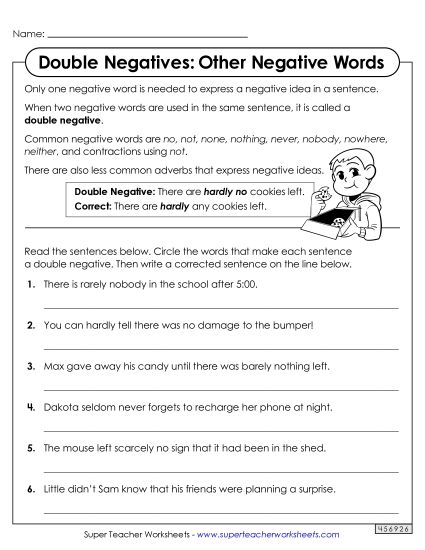 Worksheets - Double Negatives: Less Common Negative Words (Printable PDF Worksheet)