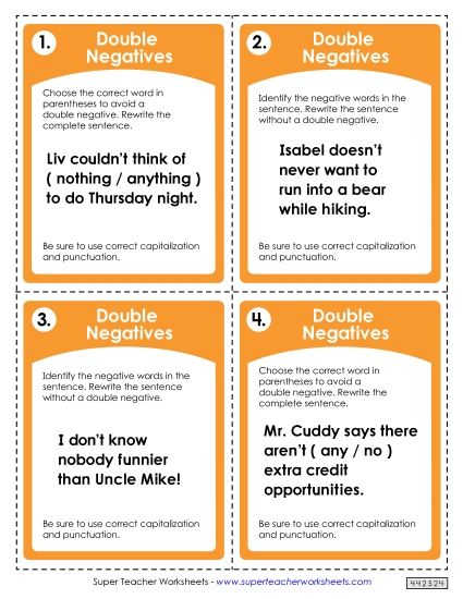 Task Cards - Double Negatives Task Cards (Printable PDF Worksheet)