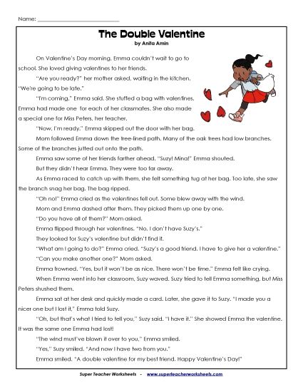 Reading Comprehension - Double Valentine (Printable PDF Worksheet)