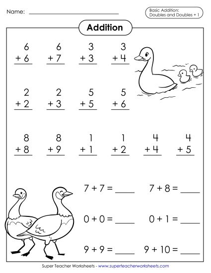 Practice Worksheets - Doubles and Doubles + 1 Drill Worksheet (Printable PDF Worksheet)