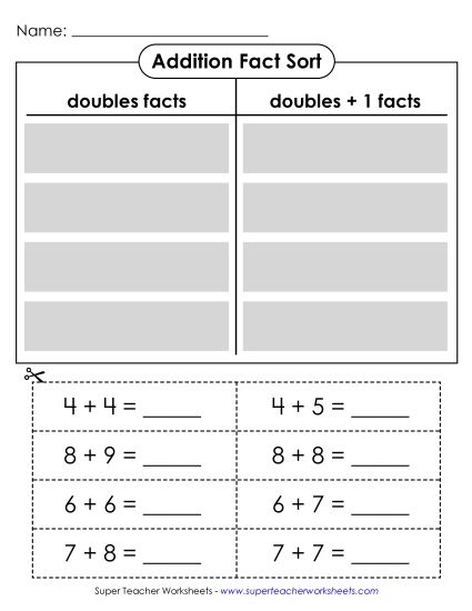 Practice Worksheets - Doubles and Doubles +1: Sorting (Printable PDF Worksheet)