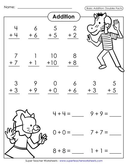 Practice Worksheets - Doubles Drill Worksheet: Animal Kids (Printable PDF Worksheet)