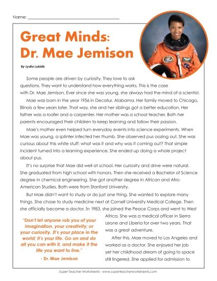 Reading Comprehension - Dr. Mae Jemison  (Printable PDF Worksheet)