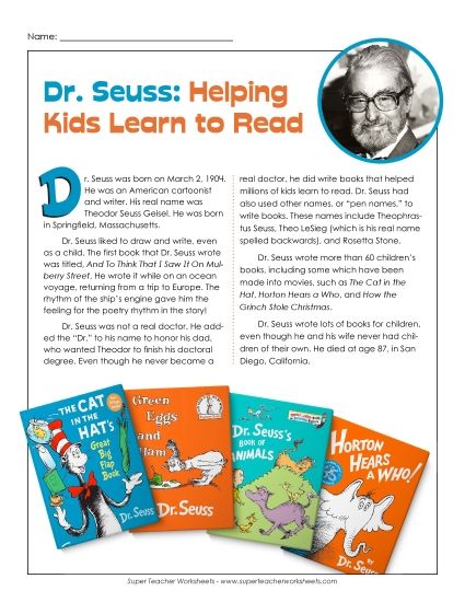 Reading Comprehension - Dr. Seuss Biography Assignment (Printable PDF Worksheet)