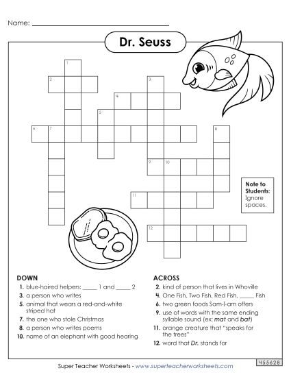 Dr. Seuss Word Puzzles - Dr. Seuss Crossword Puzzle (Printable PDF Worksheet)