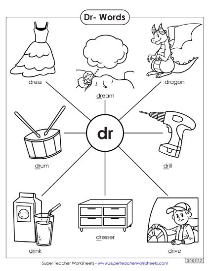 Phonics Blends and Digraphs - Dr- Words (Printable PDF Worksheet)