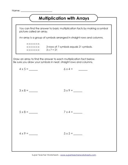 Multiplication with Arrays: Worksheets - Draw Arrays (Printable PDF Worksheet)
