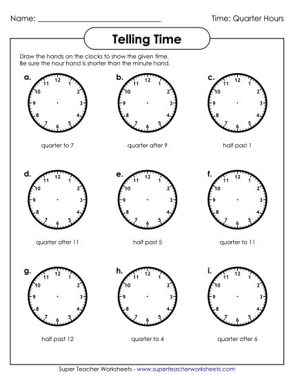 Quarter Hours - Draw Clock Hands: Quarter Hour (Printable PDF Worksheet)