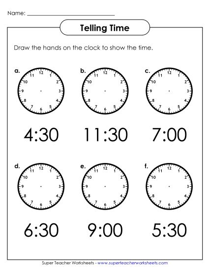 Reading Clocks: Nearest Half Hour - Draw the Hands (Printable PDF Worksheet)