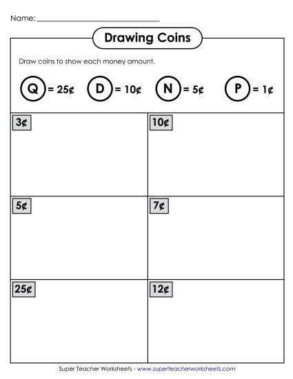 Worksheets - Drawing Coins (Basic) (Printable PDF Worksheet)