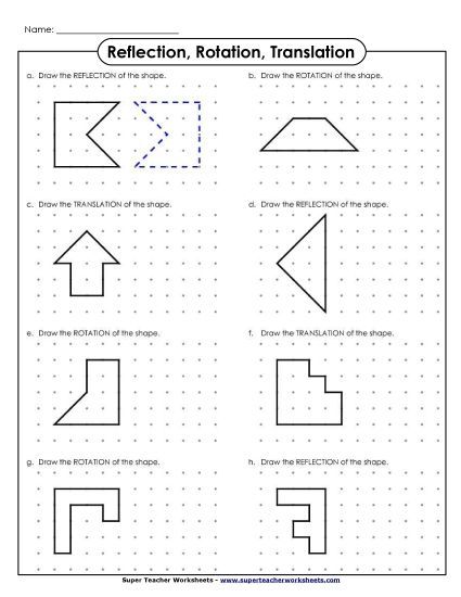Translation, Rotation, Reflections (Mixed) - Drawing Reflections, Rotations, Translations (Printable PDF Worksheet)
