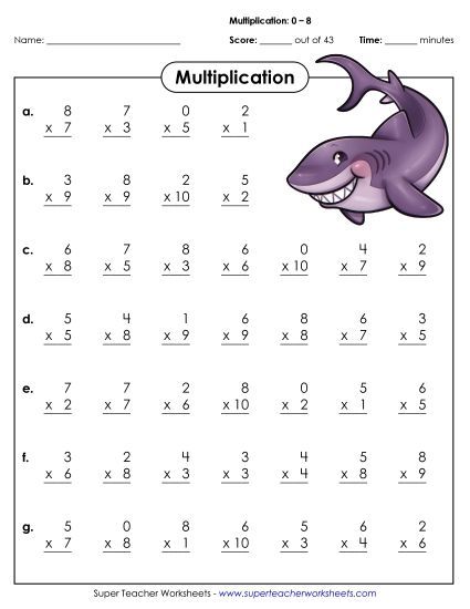 All Facts 0s through 8s - Drill: Basic Facts 0-8 (A) (Printable PDF Worksheet)