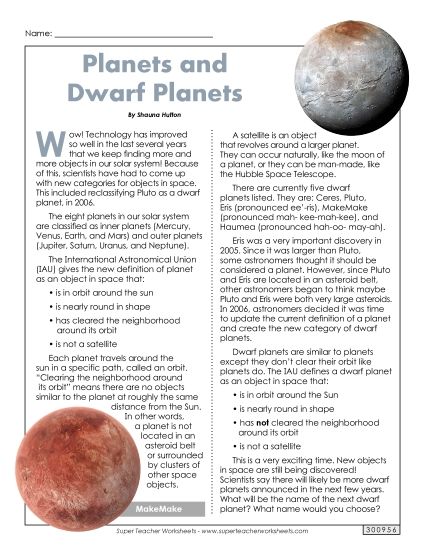 Articles with Questions - Dwarf Planets Article & Questions (Printable PDF Worksheet)