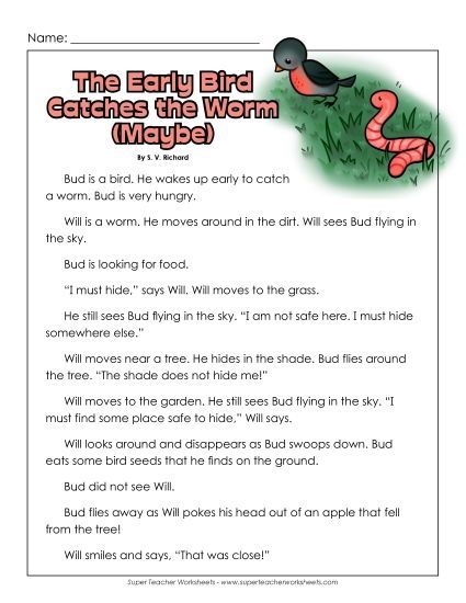 Reading Comprehension - Early Bird Catches the Worm (Fiction Story) (Printable PDF Worksheet)