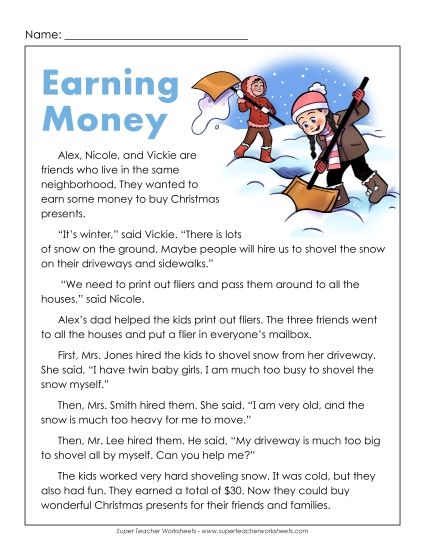 Fiction - Earning Money (Printable PDF Worksheet)
