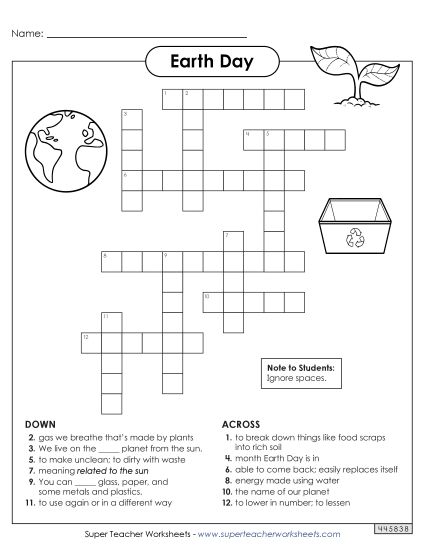 Earth Day Crafts, Games, and Puzzles - Earth Day Crossword (Printable PDF Worksheet)