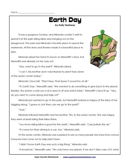 Reading Comprehension - Earth Day Fun (Printable PDF Worksheet)