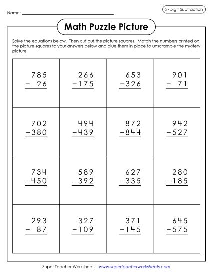 Easter Subtraction - Easter Bunnies Math Picture Puzzle (3-Digit Subtraction) (Printable PDF Worksheet)