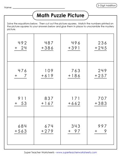 Easter Addition - Easter Chick Math Picture Puzzle (3-Digit Addition) (Printable PDF Worksheet)