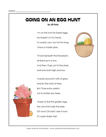 Reading Comprehension - Easter Egg Hunt (Poem) (Printable PDF Worksheet)