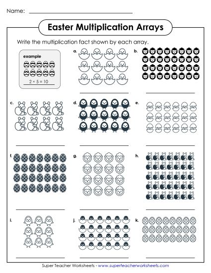 Easter Multiplication - Easter Multiplication Arrays: Basic Facts (Printable PDF Worksheet)