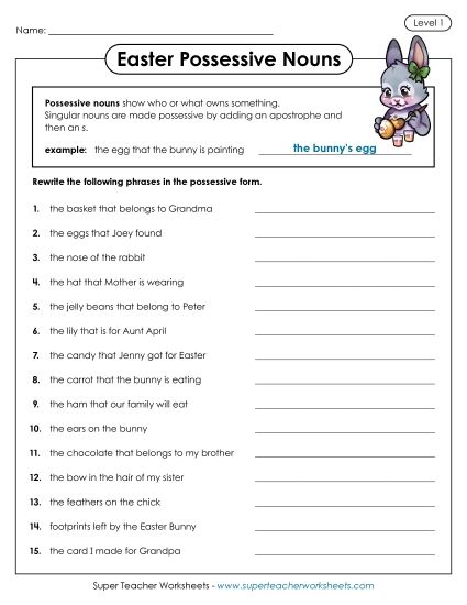 Grammar & Vocabulary - Easter Possessive Nouns (Level 1) (Printable PDF Worksheet)